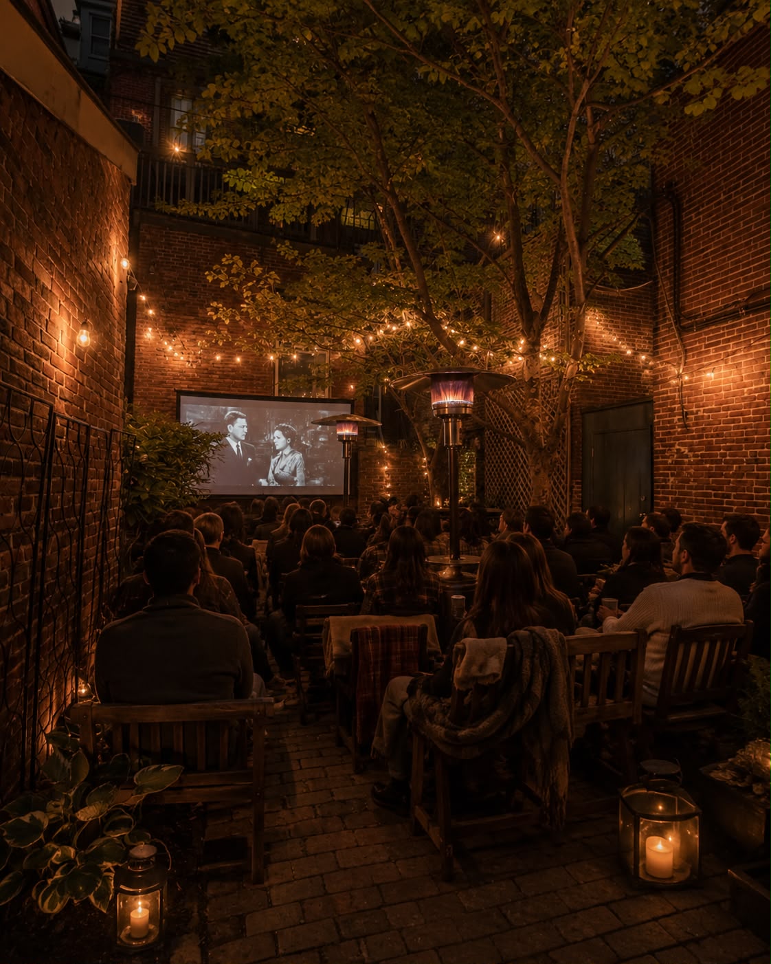 Guests seated under string lights in a brick courtyard watching a black-and-white film at night