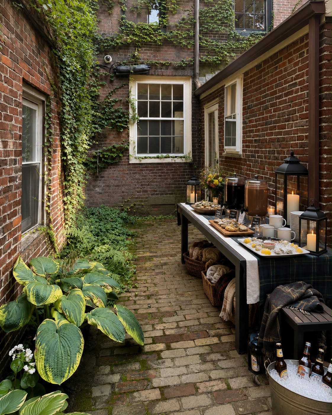 A candlelit hospitality table with oysters, drinks and lanterns in an ivy-covered brick courtyard