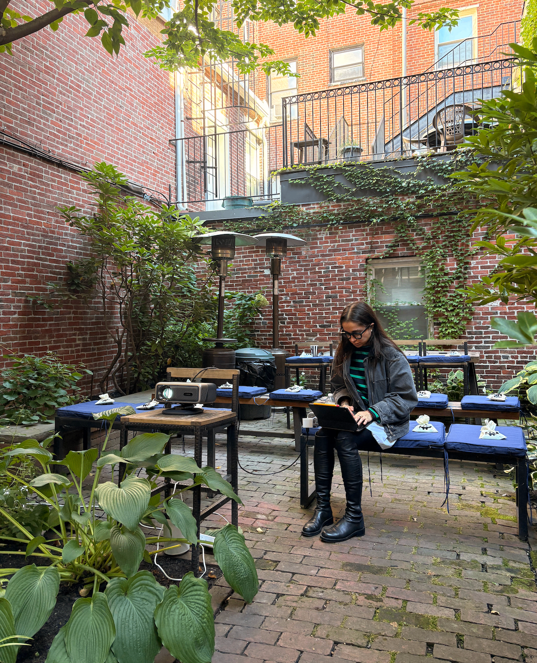The projector set up in the courtyard before the inaugural Joker salon