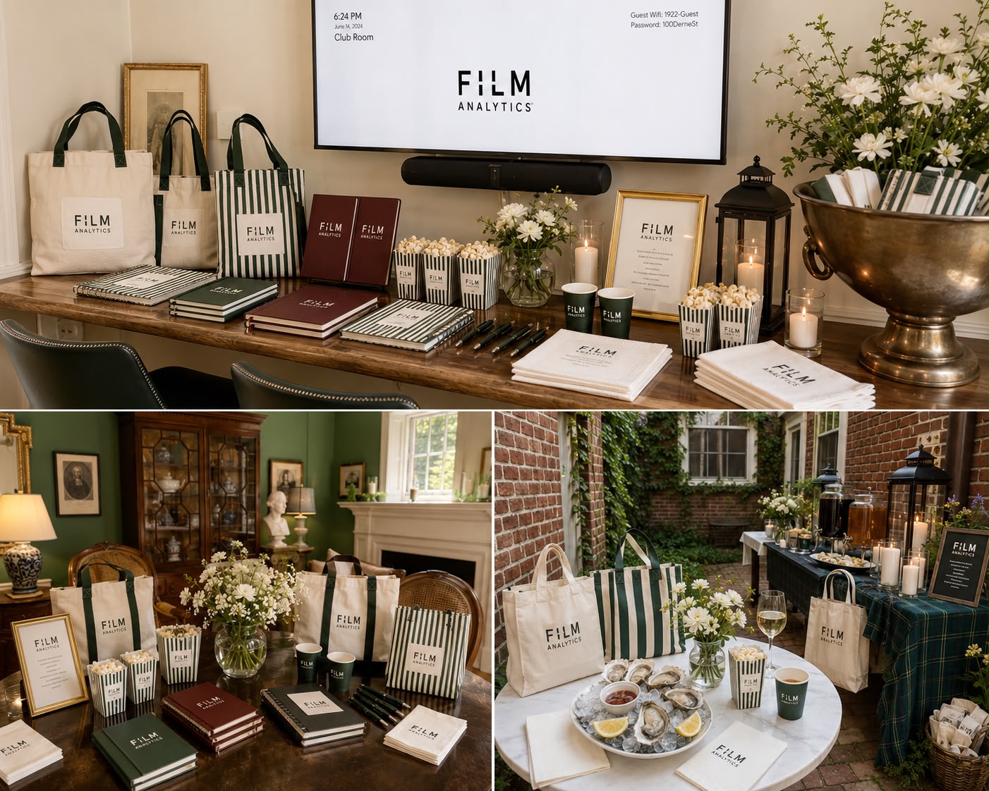 Film Analytics welcome tables with striped tote bags, notebooks, popcorn boxes and candles